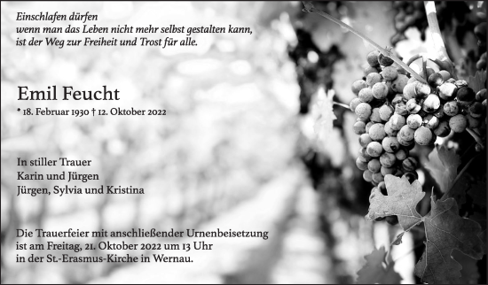 Traueranzeige von Emil Feucht von Eßlinger Zeitung/Cannstatter Zeitung