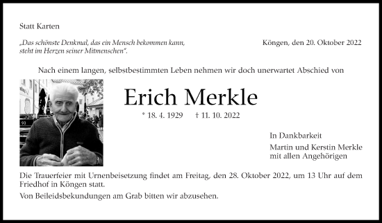 Traueranzeige von Erich Merkle von Eßlinger Zeitung/Cannstatter Zeitung