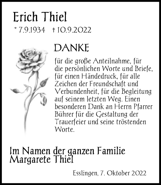 Traueranzeige von Erich Thiel von Eßlinger Zeitung/Cannstatter Zeitung