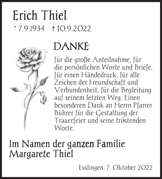 Traueranzeige von Erich Thiel von Eßlinger Zeitung/Cannstatter Zeitung