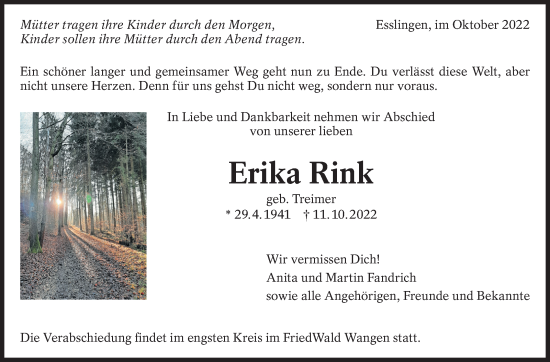 Traueranzeige von Erika Rink von Eßlinger Zeitung/Cannstatter Zeitung