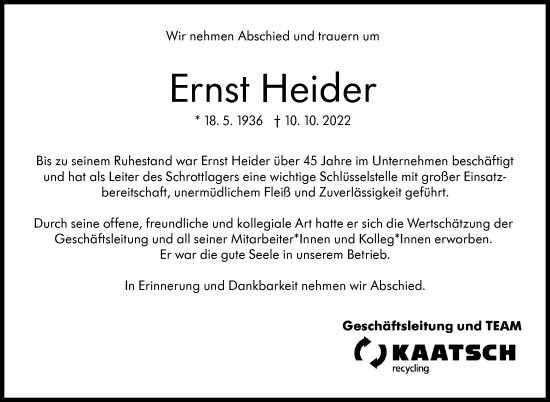 Traueranzeige von Ernst Heider von Eßlinger Zeitung/Cannstatter Zeitung