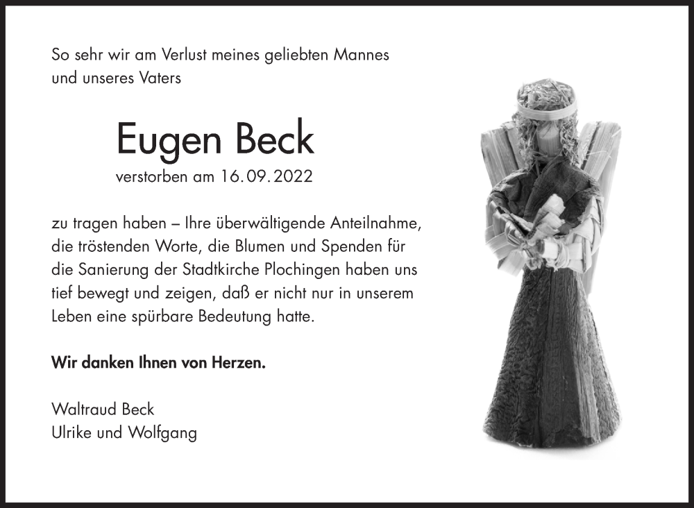  Traueranzeige für Eugen Beck vom 14.10.2022 aus Eßlinger Zeitung/Cannstatter Zeitung