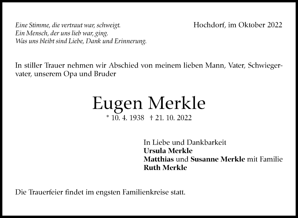  Traueranzeige für Eugen Merkle vom 27.10.2022 aus Eßlinger Zeitung/Cannstatter Zeitung