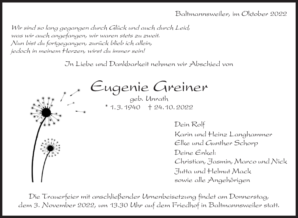  Traueranzeige für Eugenie Greiner Greiner vom 29.10.2022 aus Eßlinger Zeitung/Cannstatter Zeitung