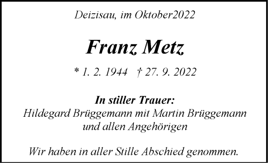 Traueranzeige von Franz Metz von Eßlinger Zeitung/Cannstatter Zeitung