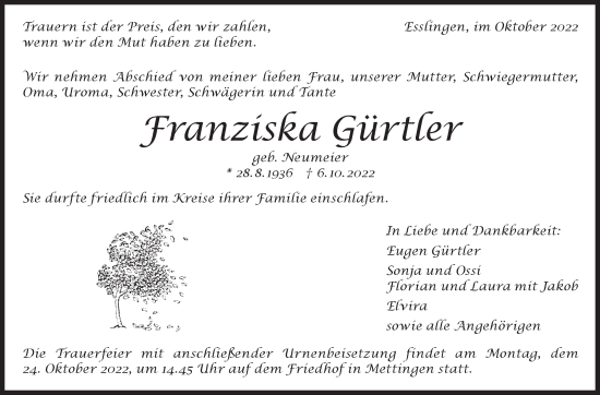 Traueranzeige von Franziska Gürtler von Eßlinger Zeitung/Cannstatter Zeitung