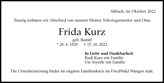 Traueranzeige von Frida Kurz von Eßlinger Zeitung/Cannstatter Zeitung