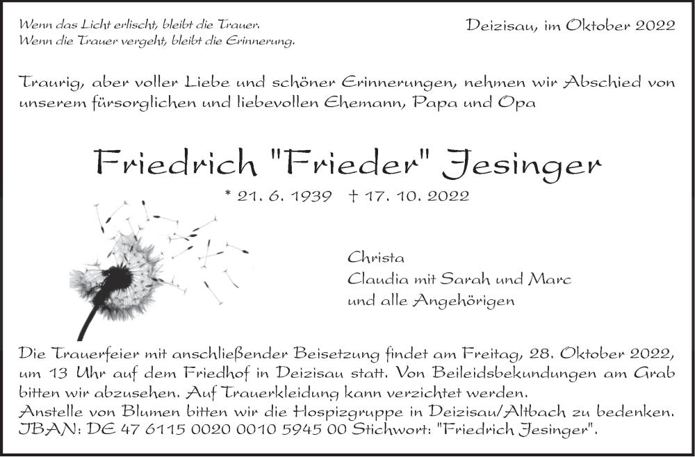  Traueranzeige für Friedrich Jesinger vom 21.10.2022 aus Eßlinger Zeitung/Cannstatter Zeitung
