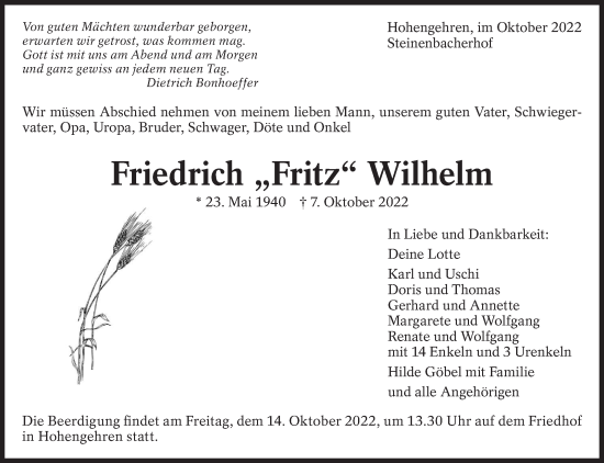 Traueranzeige von Friedrich Wilhelm von Eßlinger Zeitung/Cannstatter Zeitung