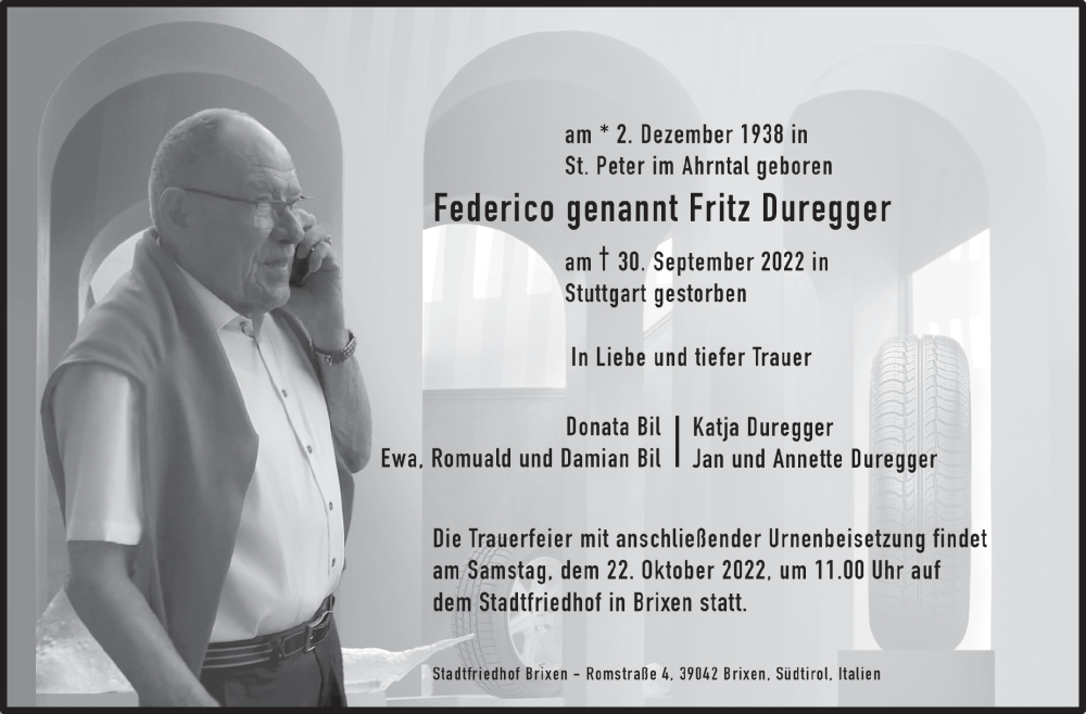  Traueranzeige für Fritz Duregger vom 19.10.2022 aus Eßlinger Zeitung/Cannstatter Zeitung