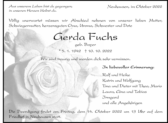 Traueranzeige von Gerda Fuchs von Eßlinger Zeitung/Cannstatter Zeitung