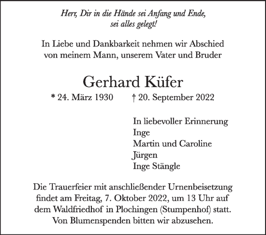 Traueranzeige von Gerhard Küfer von Eßlinger Zeitung/Cannstatter Zeitung
