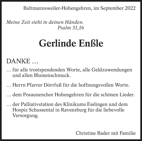 Traueranzeige von Gerlinde Enßle von Eßlinger Zeitung/Cannstatter Zeitung