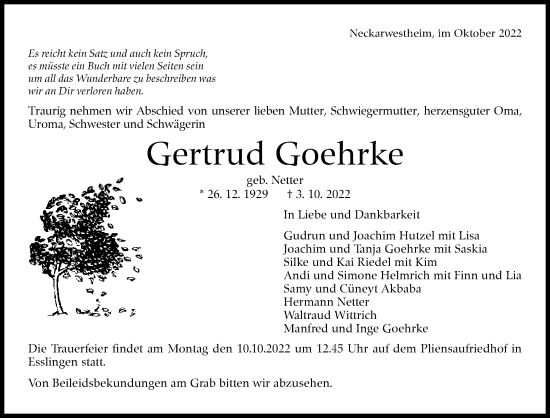Traueranzeige von Gertrud Goehrke von Eßlinger Zeitung/Cannstatter Zeitung