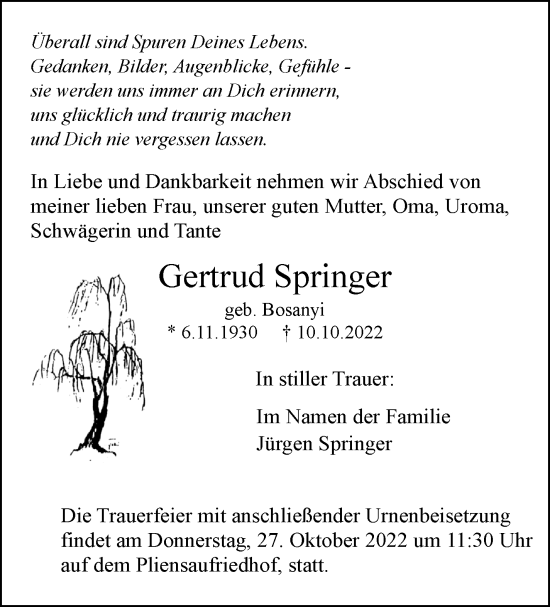 Traueranzeige von Gertrud Springer von Eßlinger Zeitung/Cannstatter Zeitung