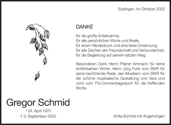 Traueranzeige von Gregor Schmid von Eßlinger Zeitung/Cannstatter Zeitung