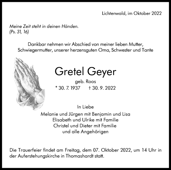 Traueranzeige von Gretel Geyer von Eßlinger Zeitung/Cannstatter Zeitung