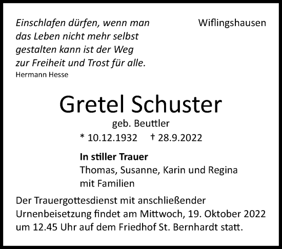 Traueranzeige von Gretel Schuster von Eßlinger Zeitung/Cannstatter Zeitung