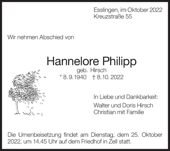 Traueranzeige von Hannelore Philipp von Eßlinger Zeitung/Cannstatter Zeitung