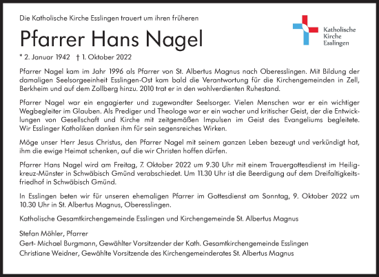 Traueranzeige von Hans Nagel von Eßlinger Zeitung/Cannstatter Zeitung