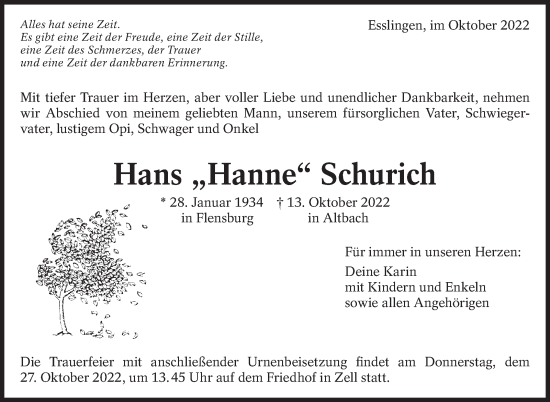 Traueranzeige von Hans Schurich von Eßlinger Zeitung/Cannstatter Zeitung
