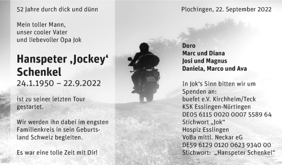 Traueranzeige von Hanspeter Schenkel von Eßlinger Zeitung/Cannstatter Zeitung