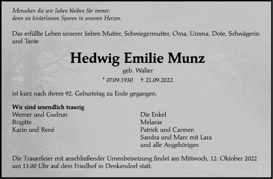 Traueranzeige von Hedwig Emilie Munz von Eßlinger Zeitung/Cannstatter Zeitung