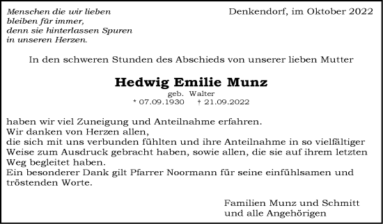 Traueranzeige von Hedwig Emilie Munz von Eßlinger Zeitung/Cannstatter Zeitung