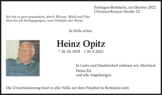 Traueranzeige von Heinz Opitz von Eßlinger Zeitung/Cannstatter Zeitung