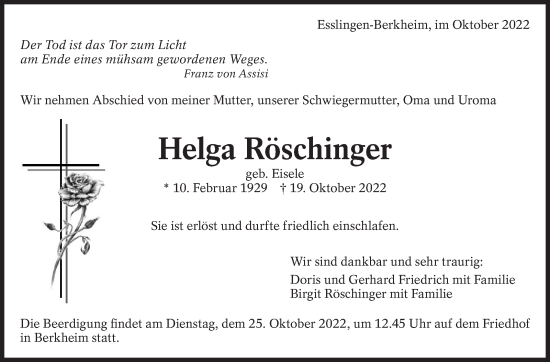 Traueranzeige von Helga Röschinger von Eßlinger Zeitung/Cannstatter Zeitung