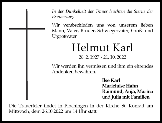 Traueranzeige von Helmut Karl von Eßlinger Zeitung/Cannstatter Zeitung