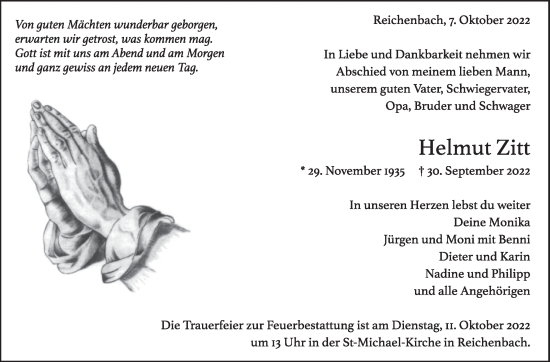 Traueranzeige von Helmut Zitt von Eßlinger Zeitung/Cannstatter Zeitung