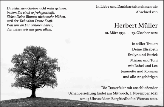 Traueranzeige von Herbert Müller von Eßlinger Zeitung/Cannstatter Zeitung