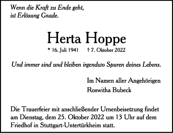 Traueranzeige von Herta Hoppe von Eßlinger Zeitung/Cannstatter Zeitung