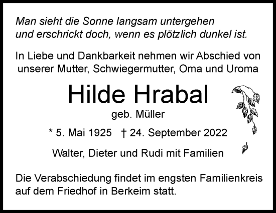 Traueranzeige von Hilde Hrabal von Eßlinger Zeitung/Cannstatter Zeitung