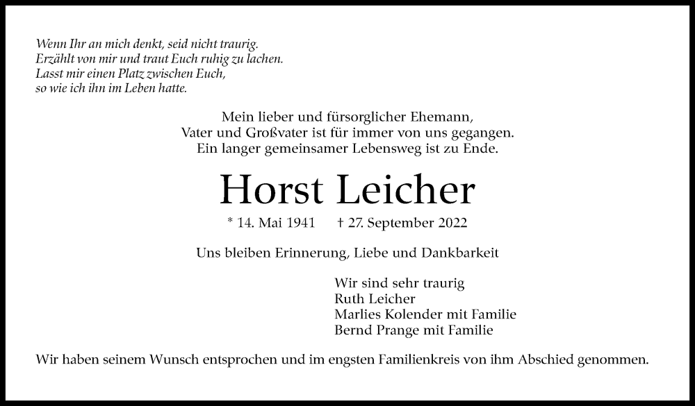  Traueranzeige für Horst Leicher vom 13.10.2022 aus Eßlinger Zeitung/Cannstatter Zeitung