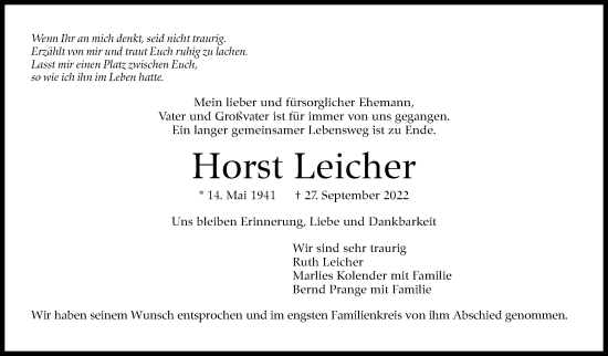Traueranzeige von Horst Leicher von Eßlinger Zeitung/Cannstatter Zeitung
