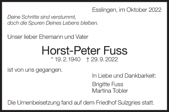 Traueranzeige von Horst-Peter Fuss von Eßlinger Zeitung/Cannstatter Zeitung
