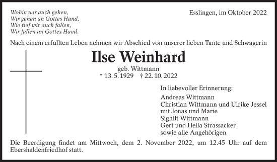 Traueranzeige von Ilse Weinhard von Eßlinger Zeitung/Cannstatter Zeitung