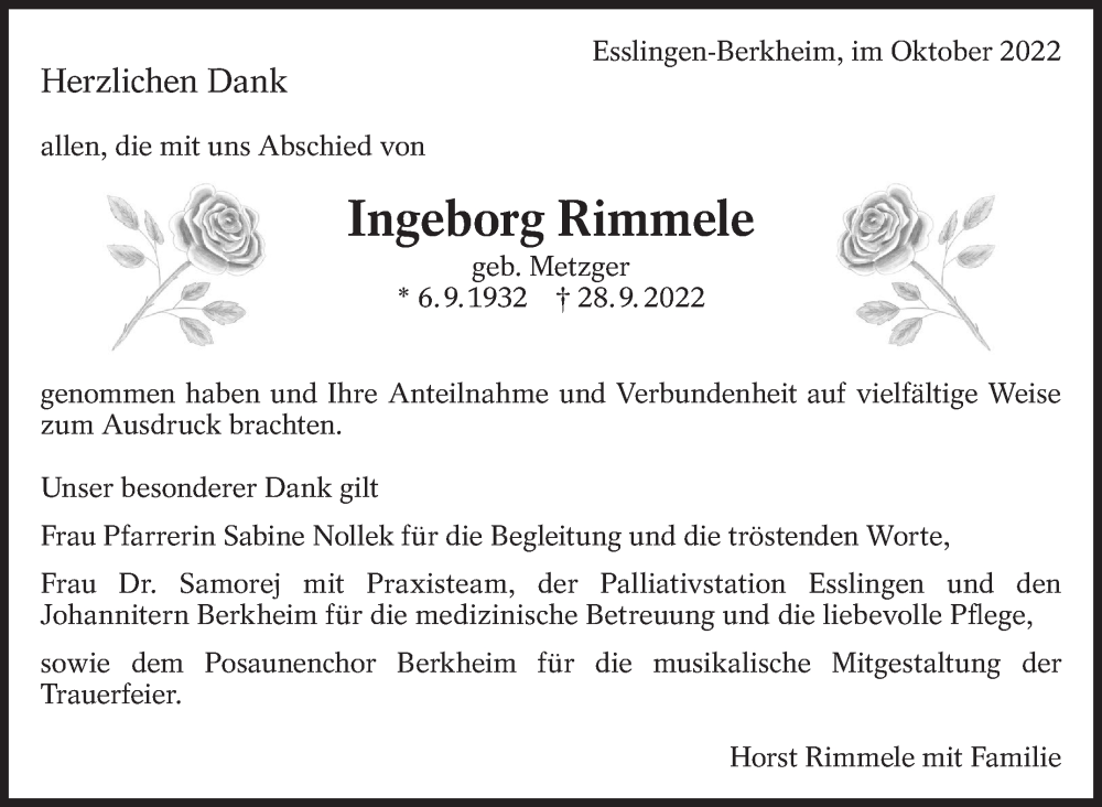  Traueranzeige für Ingeborg Rimmele vom 22.10.2022 aus Eßlinger Zeitung/Cannstatter Zeitung
