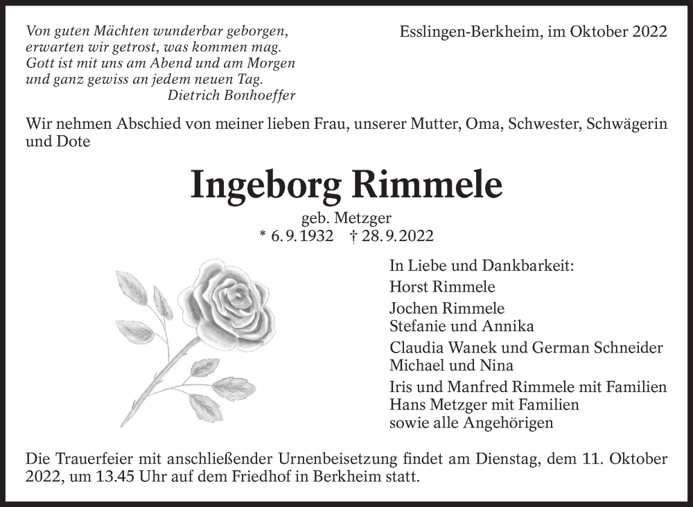  Traueranzeige für Ingeborg Rimmele vom 01.10.2022 aus Eßlinger Zeitung/Cannstatter Zeitung