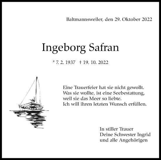 Traueranzeige von Ingeborg Safran von Eßlinger Zeitung/Cannstatter Zeitung
