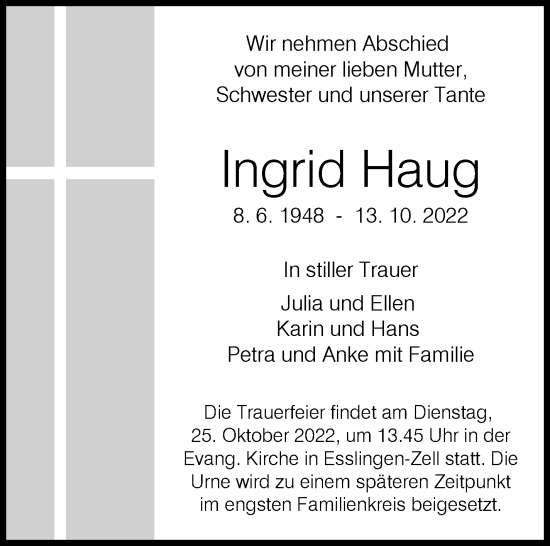 Traueranzeige von Ingrid Haug von Eßlinger Zeitung/Cannstatter Zeitung