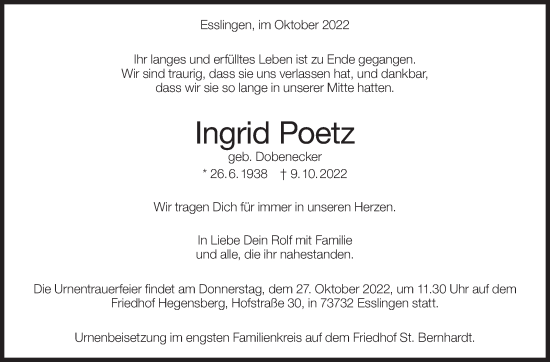 Traueranzeige von Ingrid Poetz von Eßlinger Zeitung/Cannstatter Zeitung
