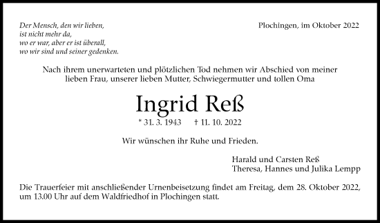 Traueranzeige von Ingrid Reß von Eßlinger Zeitung/Cannstatter Zeitung