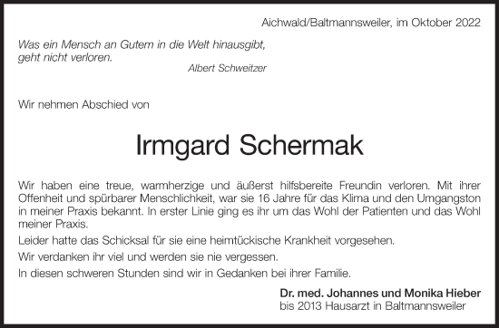 Traueranzeige von Irmgard Schermak von Eßlinger Zeitung/Cannstatter Zeitung