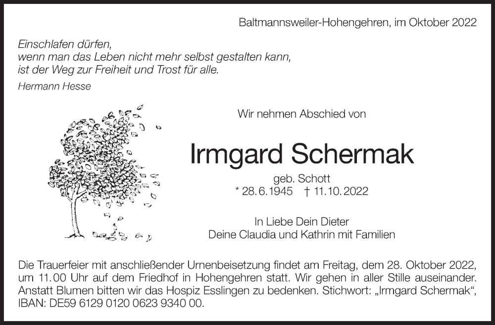  Traueranzeige für Irmgard Schermak vom 22.10.2022 aus Eßlinger Zeitung/Cannstatter Zeitung