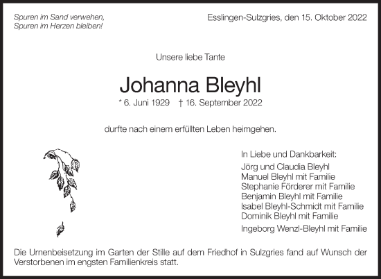 Traueranzeige von Johanna Bleyhl von Eßlinger Zeitung/Cannstatter Zeitung