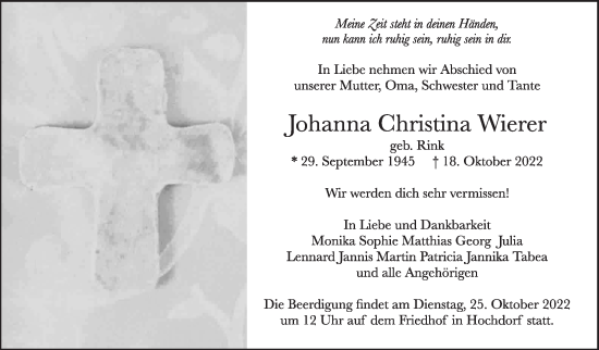 Traueranzeige von Johanna Christina Wierer von Eßlinger Zeitung/Cannstatter Zeitung